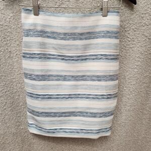 Ann Taylor Striped Tweed White Blue Grey Midi Pencil Skirt size 00 Work